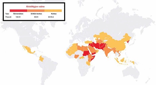 Vuonna 2017 kristittyj vainottiin eniten Pohjois-Afrikassa ja Lhi-idn maissa. Voimakkainta vaino oli Pohjois-Koreassa, Somaliassa, Afganistanissa, Pakistanissa ja Sudanissa. Etel- ja Kaakkois-Aasiassa kristittyjen vainoja on voimistanut islamiin, hindulaisuuteen tai buddhalaisuuteen yhdistyneen kansallisuusaatteen nousu.