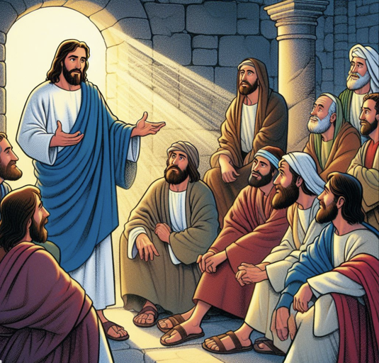 Lapset kysyvt muun muassa, kuinka monta opetuslasta Jeesuksella oli. Tekoly piirsi kuvan ohjeella "Jeesus ja opetuslapset, 1990-luvun sarjakuvatyyli". (Microsoft Bing Image Creator)