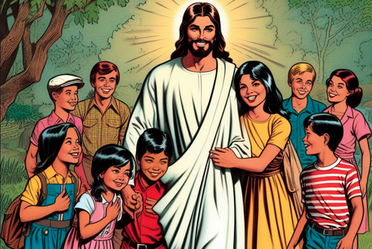 Kuvituskuvana tekolyn luoma kuva kehoteella "Jeesus nykyajan lasten kanssa, 1970-luvun sarjakuva". (Microsoft Copilot)